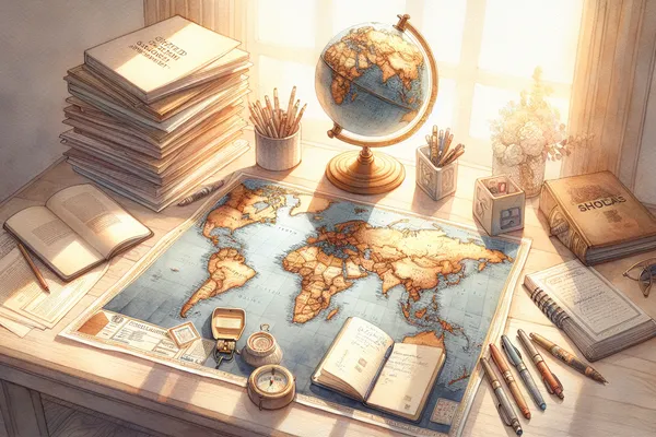 A flat-lay of scholarship application documents, a world map, open books, and a small globe on a light wooden desk with warm natural lighting.