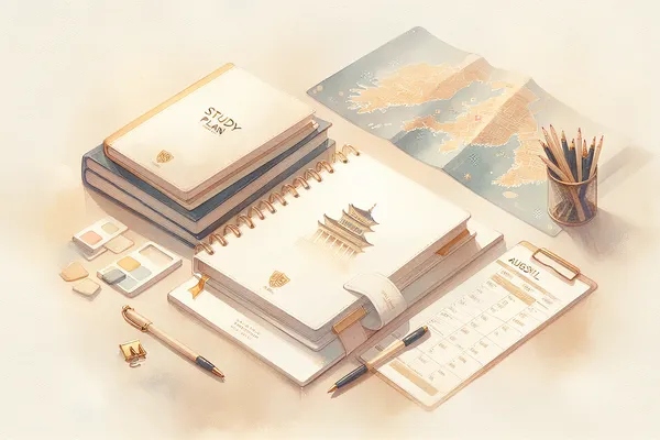 A neatly arranged flat lay of academic documents, a Korean university brochure, a study plan notebook, and stationery on a light cream desk surface.