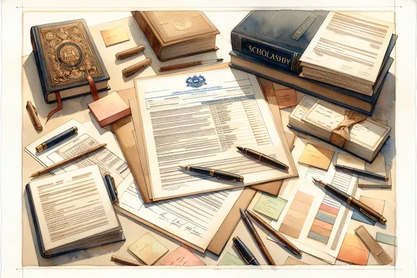 A neatly arranged scholarship application folder with highlighted documents, a pen, sticky notes, and an open notebook on a light wooden desk.