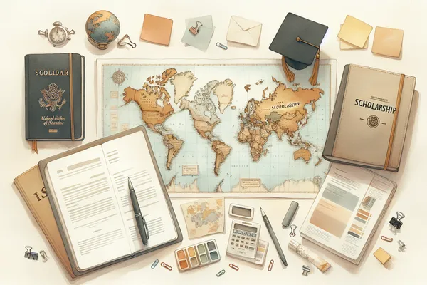A flat-lay of travel maps, open notebooks, a passport, and scholarship application documents arranged on a light wooden desk with warm morning light.
