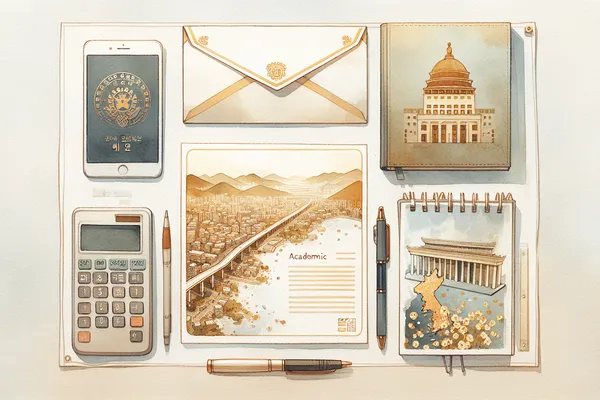 A neatly arranged desk with a Korean university brochure, a handwritten study plan, passport, and acceptance letter beside a warm cup of tea.