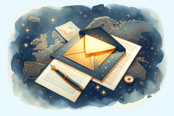 A glowing open envelope resting on a wooden desk beside a European map, a fountain pen, and a stack of academic documents, symbolizing a carefully crafted Erasmus Mundus motivation letter.