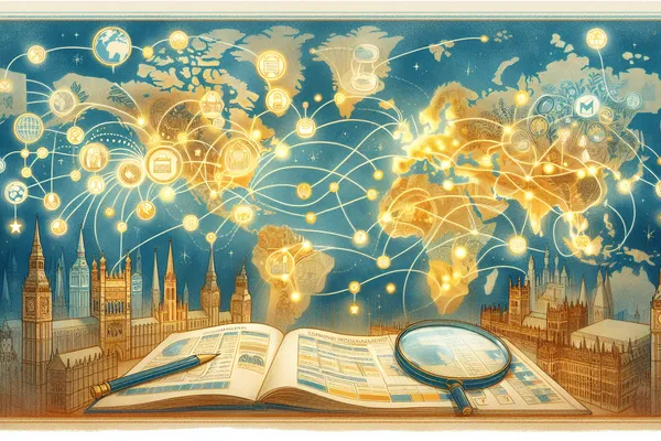 A detailed world map with glowing connection lines linking European university cities, surrounded by open program brochures and a checklist, symbolizing strategic Erasmus Mundus program selection.