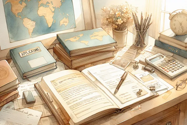 A neatly arranged desk with an open notebook, a pen, highlighted documents, and a small globe beside a cup of coffee, suggesting careful scholarship application planning.