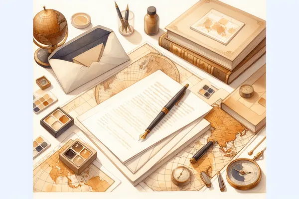 A neatly arranged desk with a handwritten letter, an envelope, a fountain pen, and an open academic notebook beside a small globe and scattered papers.