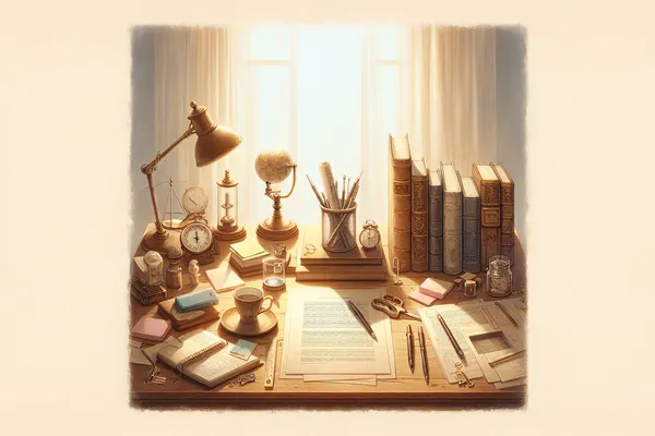 A neatly arranged study desk with a research proposal document, open books, sticky notes, and a map of South Korea in warm, soft lighting.