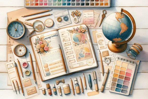 A neatly arranged flat lay of language certificates, a passport, a notebook with handwritten notes, and a world map on a light wooden desk.