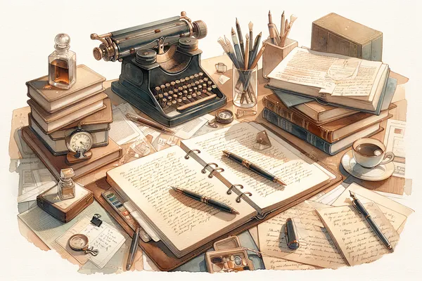 A neatly arranged study desk with open notebooks, a fountain pen, stacked books, and printed scholarship application forms in warm natural light.