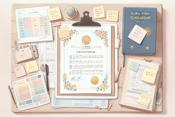 A Korean language study certificate and TOPIK score report placed beside a GKS scholarship application folder, with stationery and a map of South Korea on a light wooden desk.
