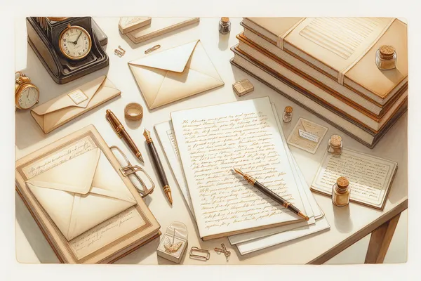 A neatly arranged desk with an open notebook, a pen, an envelope, and scattered papers suggesting a scholarship letter being drafted.