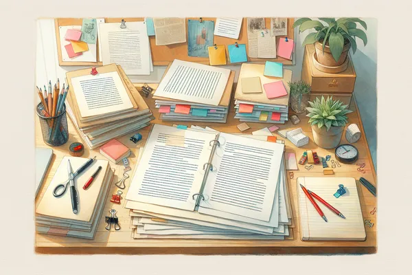 A neatly arranged desk with printed scholarship essay drafts, a red pen making annotations, sticky notes, and an open notebook beside a cup of tea.