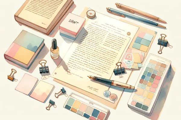 A neatly organized scholarship essay draft on a wooden desk surrounded by a pen, sticky notes, and an open notebook with handwritten outlines.