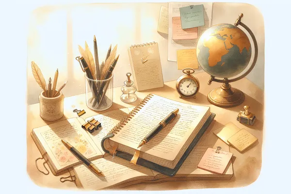 A neatly arranged desk with an open notebook, a pen, scattered papers, and a cup of tea beside a small stack of books — a calm academic writing setup.