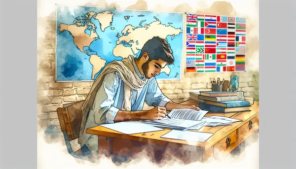 A determined student sitting at a desk surrounded by scholarship application documents, a world map on the wall behind them, and a laptop open to a university website — symbolizing the focused preparation required to win a scholarship abroad.