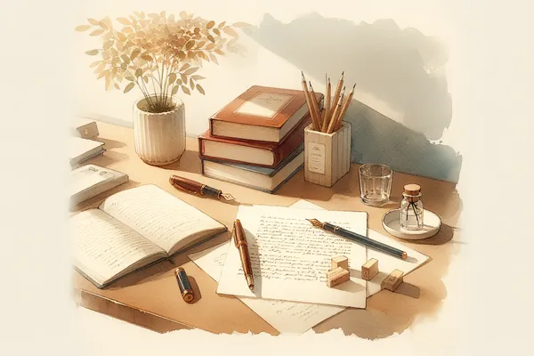 A neatly arranged desk with an open notebook, a pen, stacked books, and a small potted plant beside a printed scholarship application form.