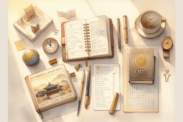 A neatly arranged desk with a Korean university brochure, a handwritten checklist, a passport, and a cup of tea beside an open notebook with scholarship notes.