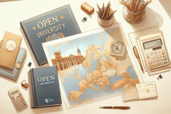 A flat-lay of European maps, university brochures, a pen, and scholarship documents spread across a light wooden desk, representing the process of comparing EU scholarship options.