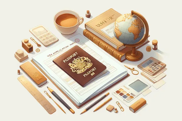 A flat-lay of passport documents, visa application forms, a world map, and colorful sticky notes arranged on a light wooden desk with soft natural lighting.