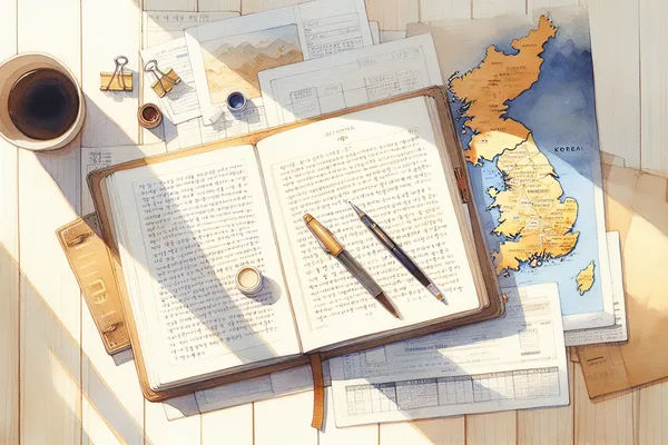 A neatly arranged desk with an open notebook, a pen, a Korean map, and printed scholarship documents in soft warm tones.
