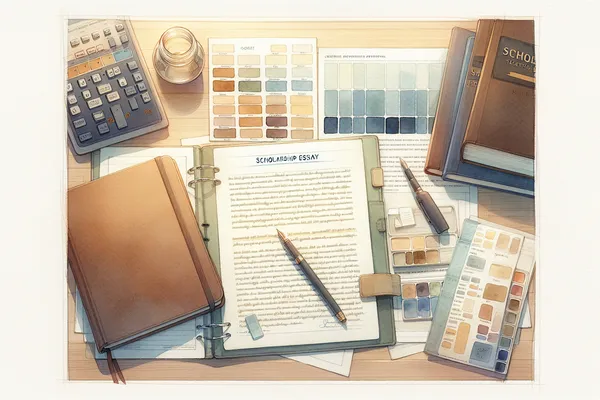 A neatly arranged flat lay of an open notebook, pen, highlighted scholarship application documents, and a small stack of books on a light wooden desk.