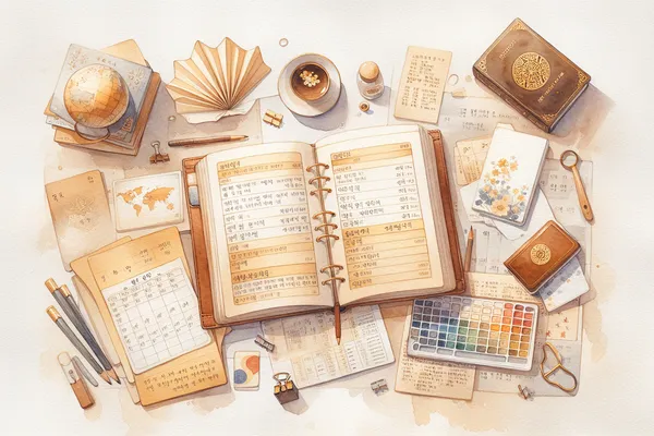 A neatly organized desk with a open notebook showing a handwritten study plan, a Korean university brochure, a pen, and a small globe beside a cup of coffee.