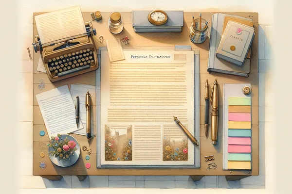 A neatly organized desk with a printed personal statement draft, a pen, sticky notes, and an open notebook beside a cup of tea, representing careful scholarship essay planning.