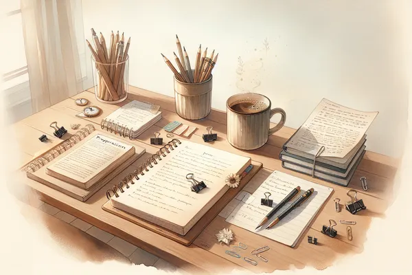 A neatly arranged desk with an open notebook, a pen, printed interview preparation notes, and a warm cup of tea beside a small potted plant.