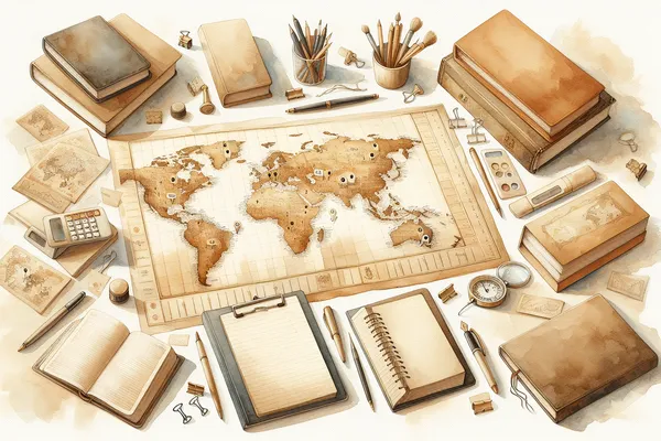 A flat-lay of a world map surrounded by academic notebooks, a pen, and university acceptance letters on a light wooden desk.