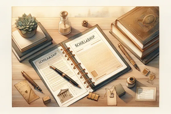 A neatly arranged desk with an open notebook, a pen, and scattered scholarship application papers beside a small potted plant and a warm cup of tea.