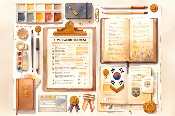 A neatly arranged flat-lay of academic documents, a Korean flag pin, a study plan notebook, and a pen on a soft beige desk surface.