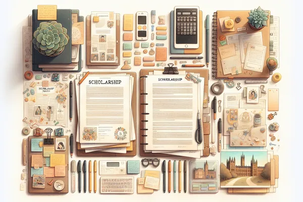 A neatly arranged academic portfolio on a wooden desk with open notebooks, colorful sticky notes, a pen, and printed documents beside a small potted plant.