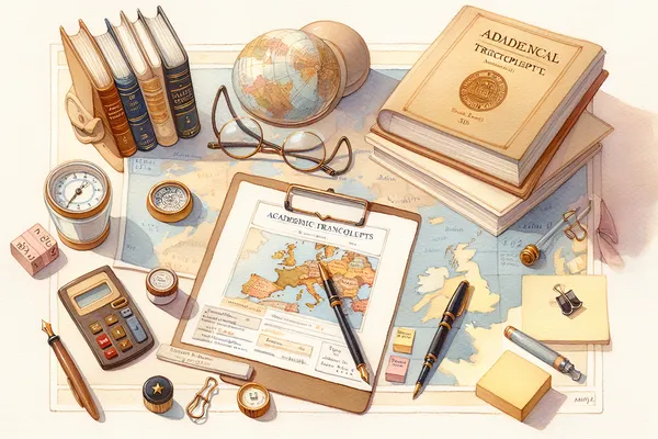 A neatly arranged flat lay of academic documents, a European map, a fountain pen, and a passport on a light cream desk surface.