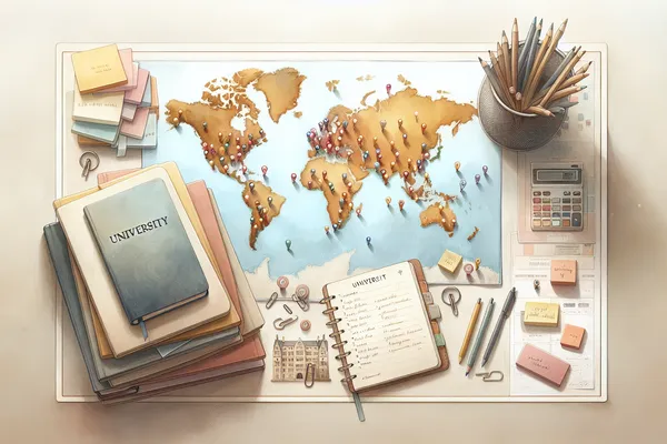 A flat-lay of a world map, university brochures, sticky notes, and a pen arranged on a light wooden desk, representing the process of selecting universities for a scholarship application.