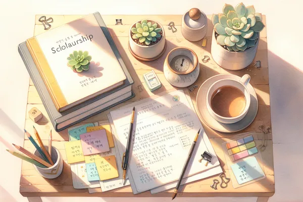 A cozy desk setup with a Korean study planner, open notebooks, a small plant, and scattered stationery beside a soft-lit window.