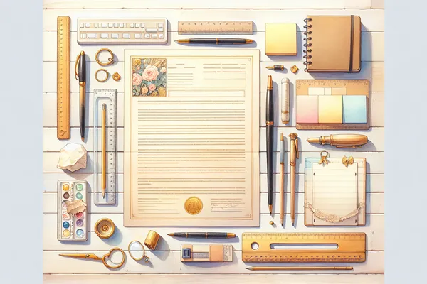 A neatly organized desk with a printed scholarship essay, a pen, sticky notes, and a small stack of books — soft warm lighting.