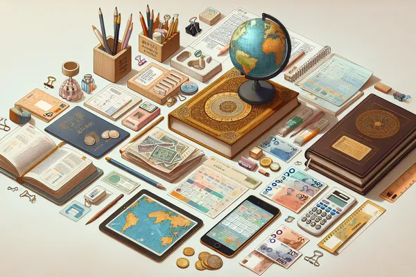 A neatly arranged flat lay of academic documents, a Korean won currency note, a world map, and a notebook with a pen on a warm cream-toned background.