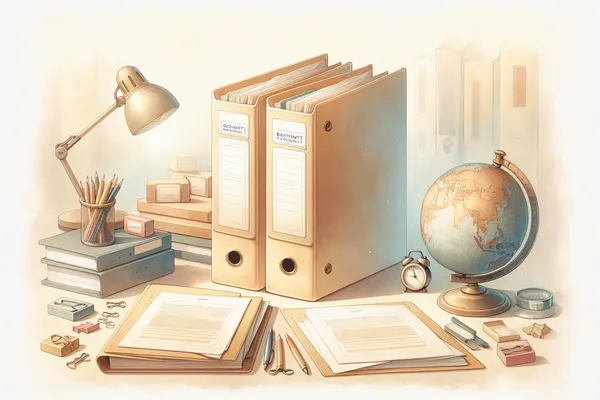 A flat-lay of two organized document folders side by side on a light wooden desk, surrounded by a world map, a pen, and university brochures, representing two scholarship application pathways.