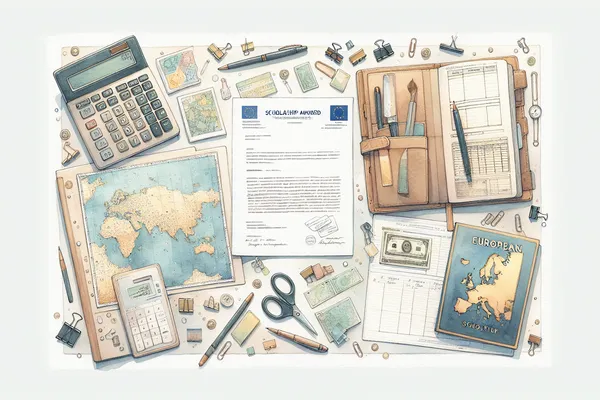 A flat-lay of academic documents, a European map, a notebook with budget calculations, and a pen arranged on a light wooden desk.