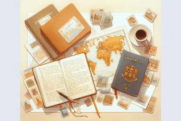 A flat-lay of academic objects including a world map, open notebooks, colorful sticky notes, and a passport on a light wooden desk, representing international scholarship study.
