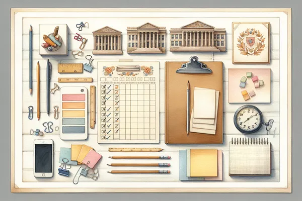 A neatly organized desk with a printed checklist, calendar pages, a pen, and stacked academic documents in warm natural light.