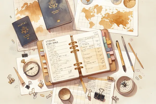 A neatly arranged study desk with an open notebook, printed scholarship documents, sticky notes, and a small Korean flag pin beside a cup of pens.