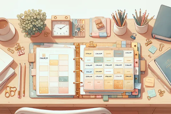 A tidy desk with multiple colored folders, a planner open to a deadline calendar, sticky notes, and a cup of coffee — representing organized scholarship application planning.