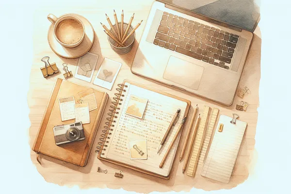A neatly arranged desk with a laptop, notebook, study plan, and stationery in warm neutral tones, representing GKS scholarship application preparation.