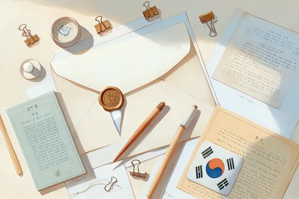 A neatly sealed white envelope resting on top of a printed recommendation letter, alongside a Korean university brochure and a pen on a wooden desk.
