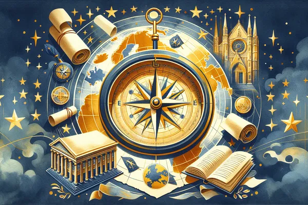 A glowing compass resting on an open map of Europe surrounded by university crests and golden stars, symbolizing strategic scholarship navigation.