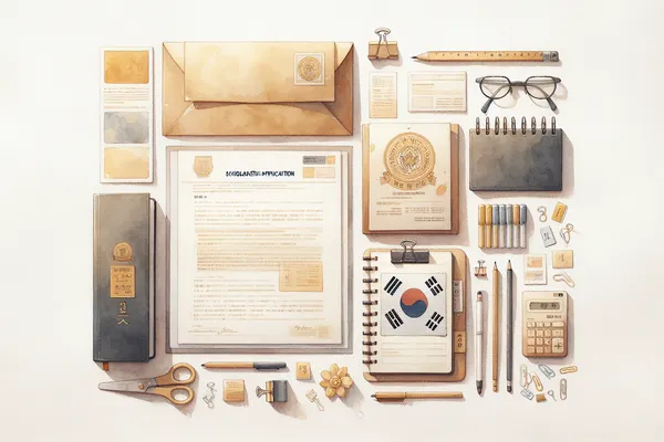 A neatly arranged flat lay of academic documents, a South Korean passport stamp, a notebook with scholarship notes, and a small South Korean flag on a light cream background.