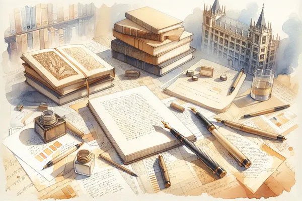 A neatly arranged desk with an open notebook, a fountain pen, and stacked books beside a warm cup of tea, evoking focused academic writing.