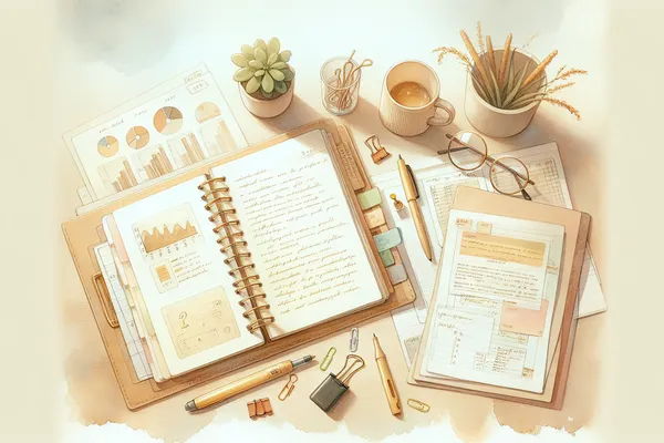 A neatly arranged desk with an open notebook, pen, and printed study materials beside a warm cup of tea, suggesting focused interview preparation.