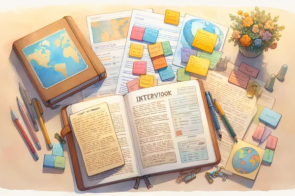 A flat-lay of academic preparation materials including an open notebook with handwritten notes, a world map, a pen, and highlighted program brochures arranged neatly on a light wooden desk.