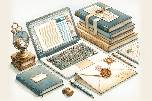 A formal handwritten letter beside an open laptop displaying a draft email, with a fountain pen and academic books stacked nearby, suggesting the process of requesting a recommendation letter.